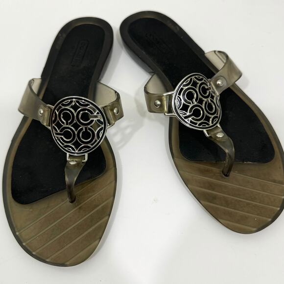 Coach Women's Jelly Rubber Thong Sandals Measures 7 Logo Frosted Smoke Black - Picture 1 of 9